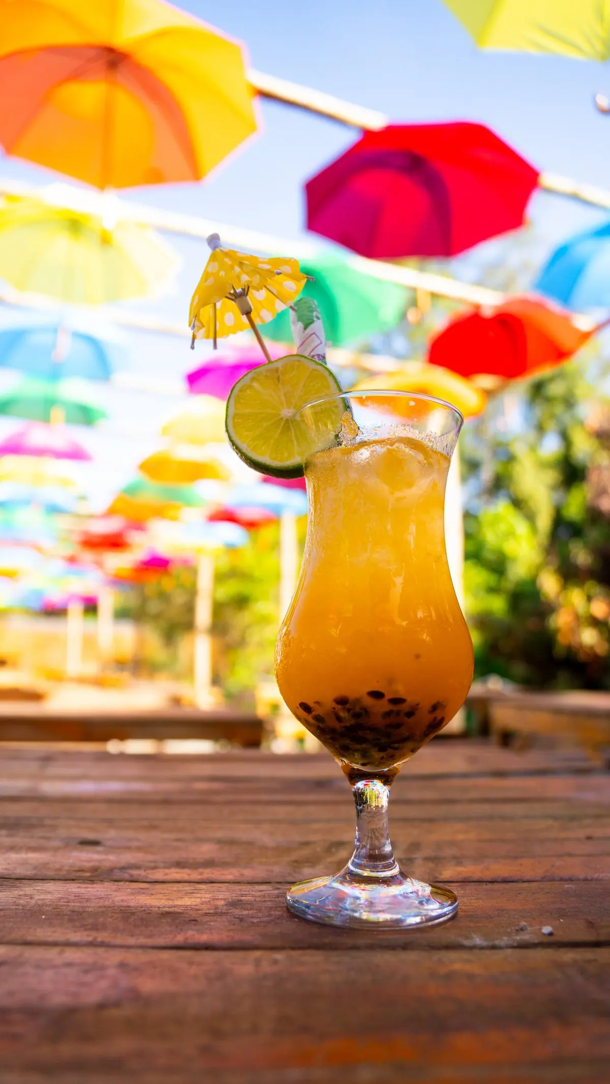 Drink autoral servido no bar do rancho com os guarda-chuvas coloridos ao fundo